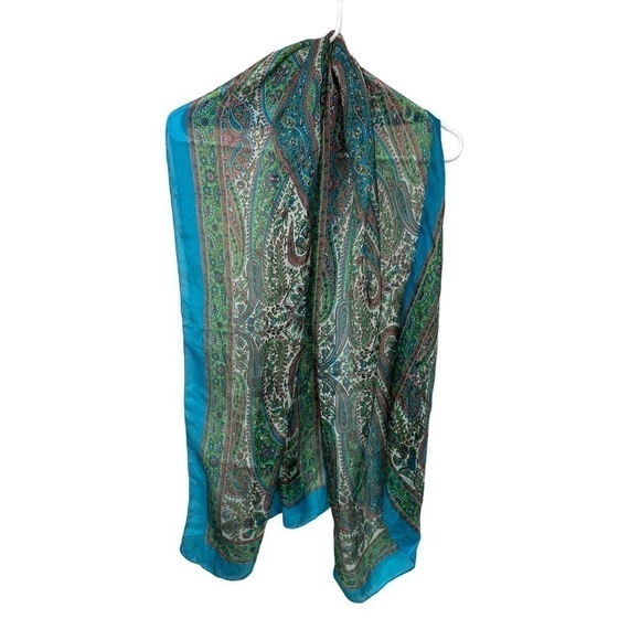 100% Silk Oblong Scarf, Paisley, Turquoise Multi, 20" x 160" - Picture 4 of 4